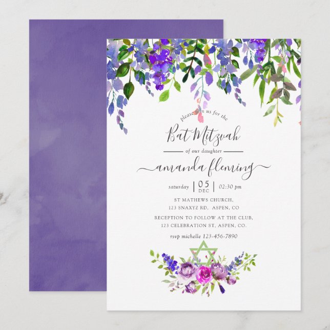 Watercolor Violet Floral Bat Mitzvah Invitation (Front/Back)