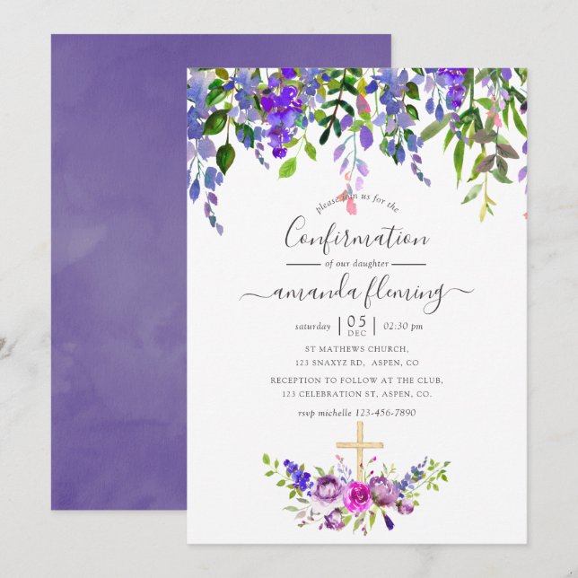 Watercolor Violet Floral Confirmation Invitation (Front/Back)