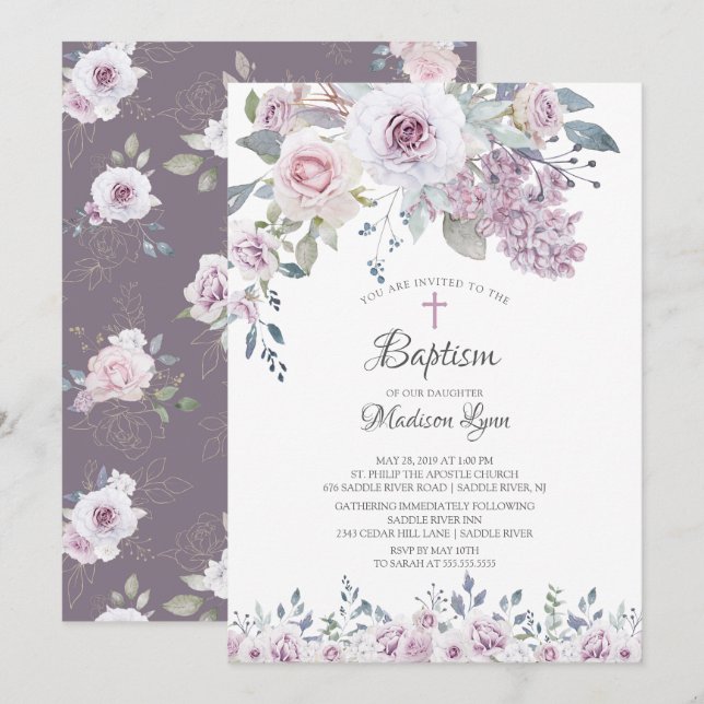 Watercolor Violet Flowers Baptism Invitation (Front/Back)