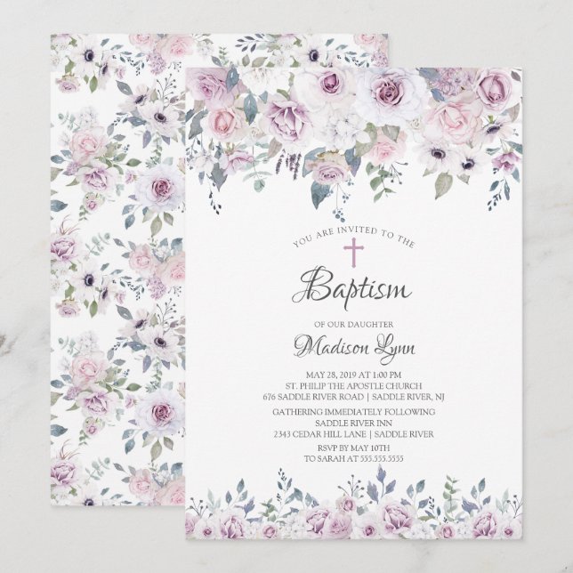 Watercolor Violet Flowers Baptism Invitation (Front/Back)