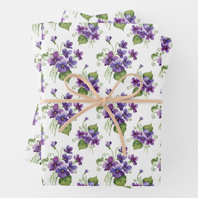 Watercolor Violet Flowers Bouquet  Wrapping Paper Sheet (In situ)