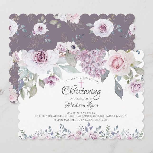Watercolor Violet Flowers Christening Invitation (Front/Back)