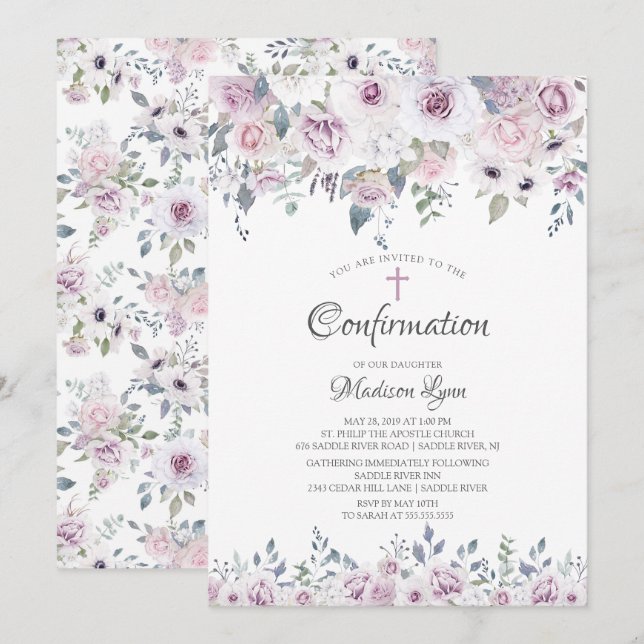 Watercolor Violet Flowers Confirmation Invitation (Front/Back)