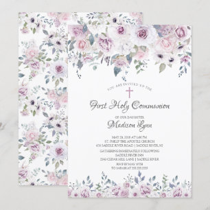 Watercolor Violet Flowers First Communion Invitation