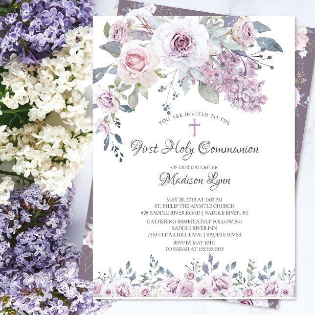Watercolor Violet Flowers First Communion Invitation (Creator Uploaded)