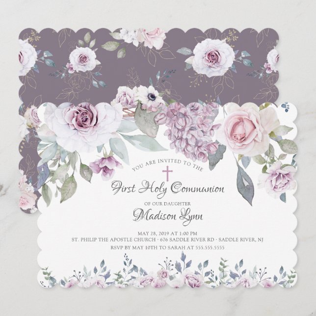 Watercolor Violet Flowers First Communion Invitation (Front/Back)