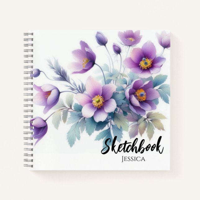 Watercolor Violet Flowers Sketchbook Notebook (Front)