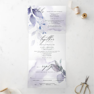 Watercolor Violet Leafy ALL IN ONE WEDDING Tri-Fold Invitation