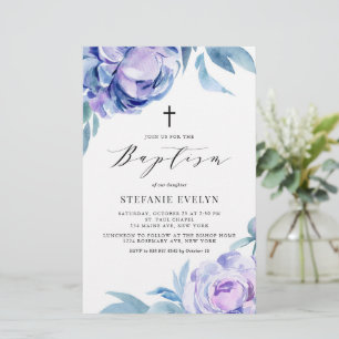 Watercolor Violet Peony Flowers Baptism Invitation