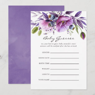 Watercolor Violet Poppy Floral Baby Shower Guesses Invitation