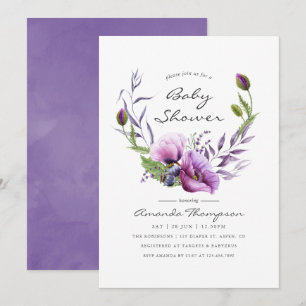 Watercolor Violet Poppy Floral Baby Shower Invite