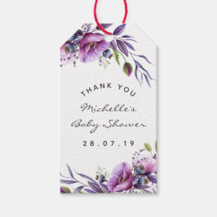 Watercolor Violet Poppy Floral Baby Shower Thanks Gift Tags