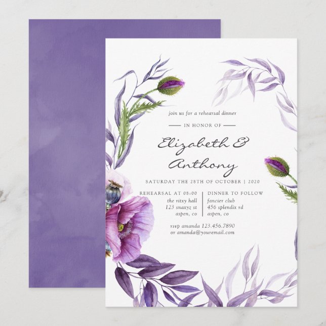 Watercolor Violet Poppy Floral Rehearsal Dinner Invitation (Front/Back)