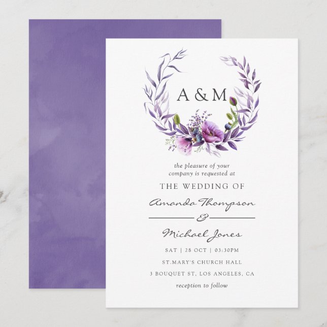 Watercolor Violet Poppy Floral Wedding Invitation (Front/Back)