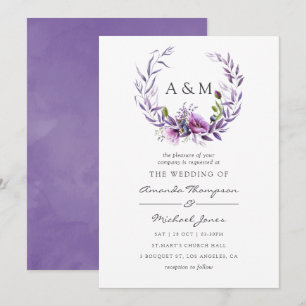 Watercolor Violet Poppy Floral Wedding Invitation