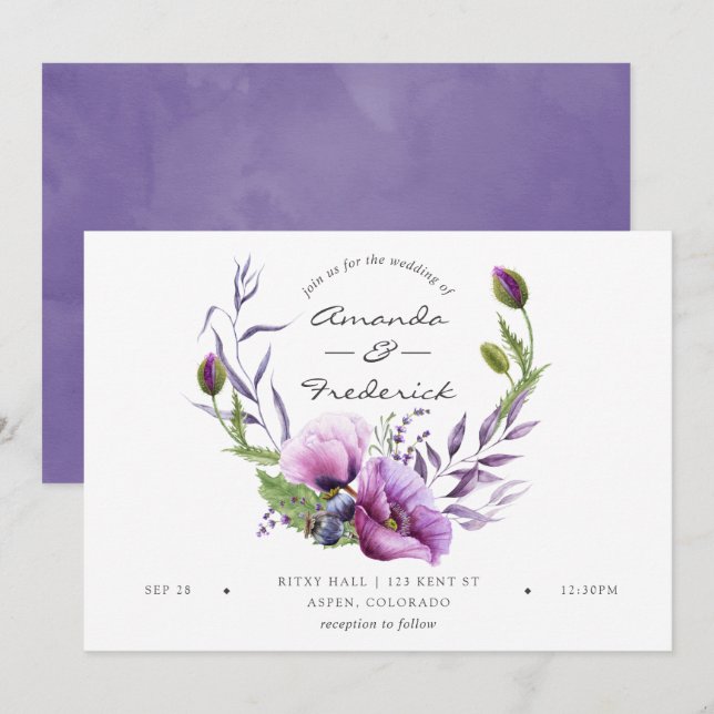 Watercolor Violet Poppy Floral Wedding Invitation (Front/Back)