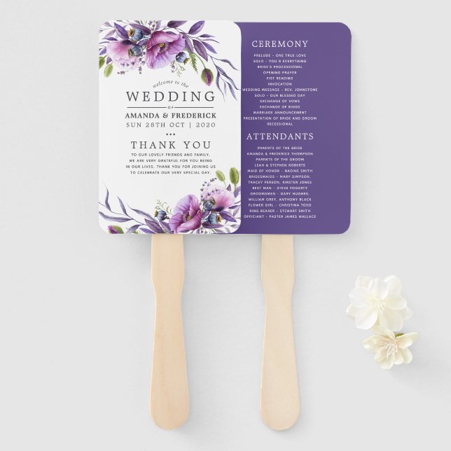 Watercolor Violet Poppy Floral Wedding Program Hand Fan (Front and Back)