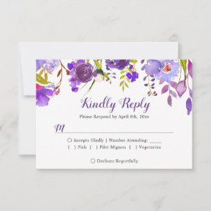 Watercolor Violet Purple Floral Wedding RSVP Reply Card
