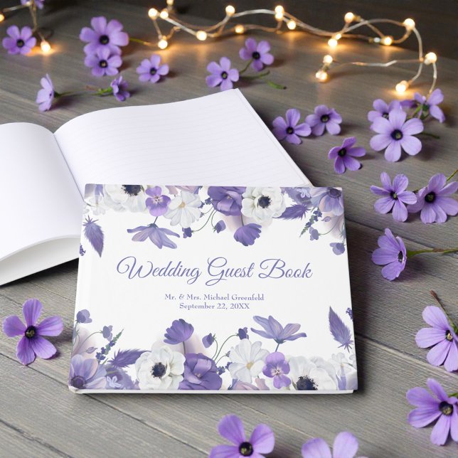 Watercolor Violet Purple Flowers Wedding Guest Book (Creator Uploaded)