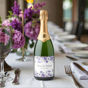 Watercolor Violet Purple Flowers Wedding Sparkling Wine Label