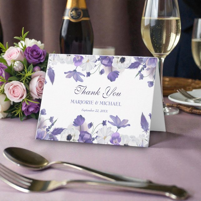 Watercolor Violet Purple Flowers Wedding Thank You Card (Creator Uploaded)