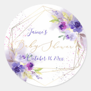 Watercolor Violet Purple Peonies Baby Shower Classic Round Sticker