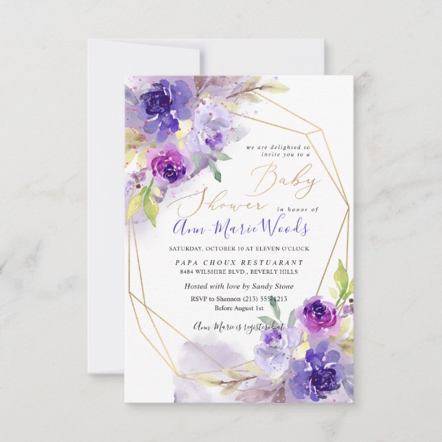 Watercolor Violet Purple Peonies Baby Shower Invitation (Front)