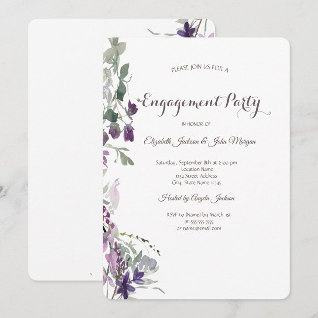 Watercolor Violet Wildflower Engagement   Invitation (Front/Back)