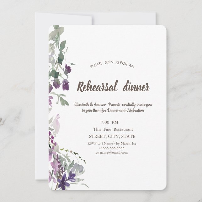 Watercolor Violet Wildflower Rehearsal Dinner  Invitation (Front)