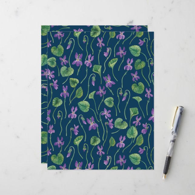 Watercolor violets on blue (Front/Back In Situ)