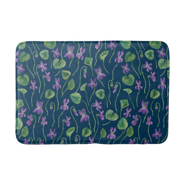 Watercolor violets on blue bath mat (Front)