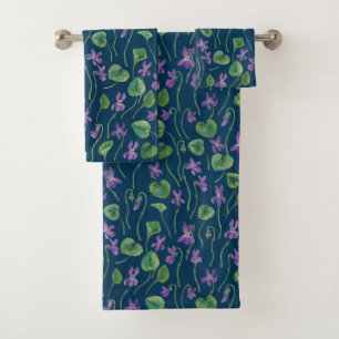 Watercolor violets on blue bath towel set
