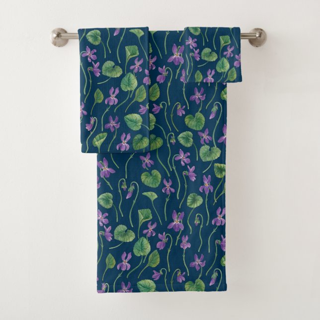 Watercolor violets on blue bath towel set (Insitu)