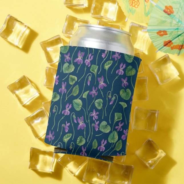 Watercolor violets on blue can cooler (In Situ Summer)
