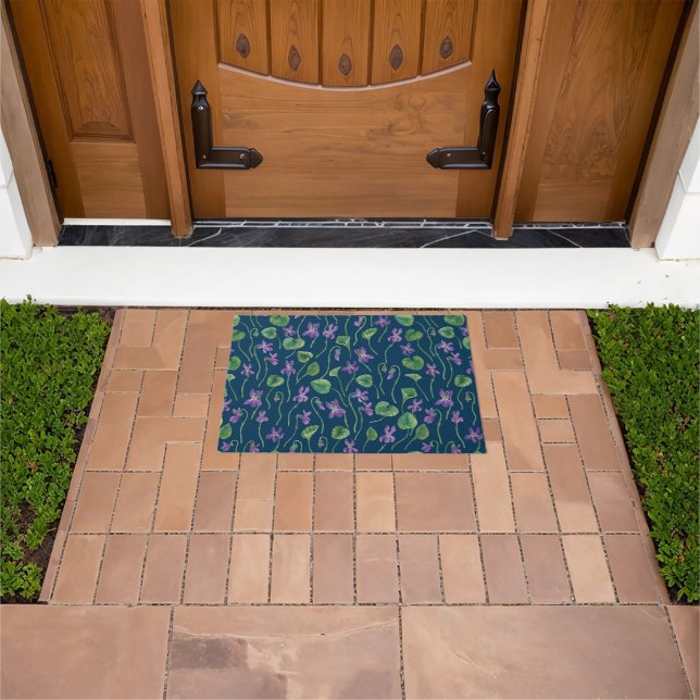 Watercolor violets on blue doormat (Outdoor)