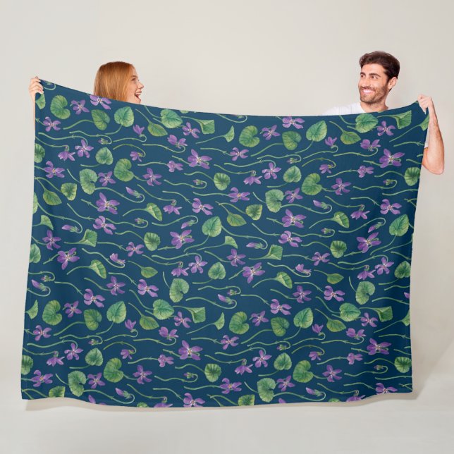 Watercolor violets on blue fleece blanket (In Situ)
