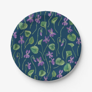 Watercolor violets on blue paper plate