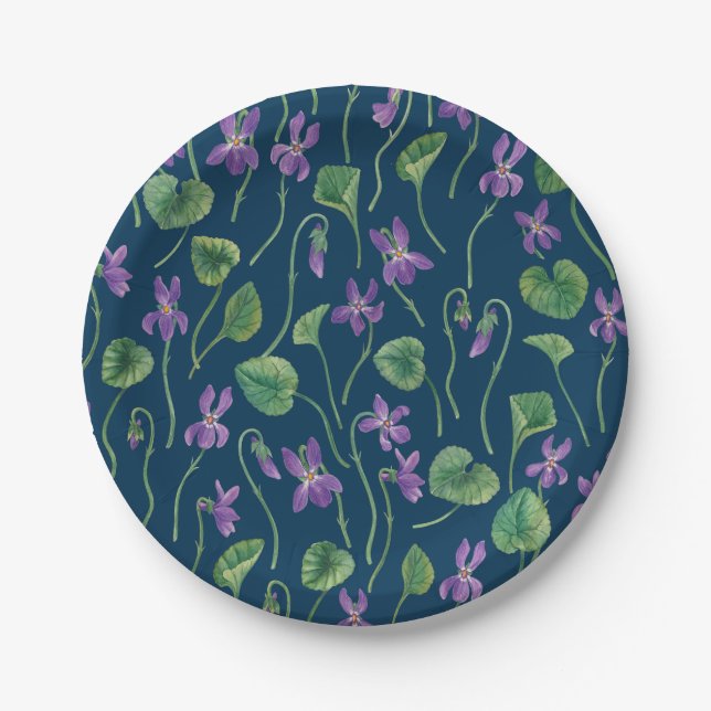 Watercolor violets on blue paper plate (Front)
