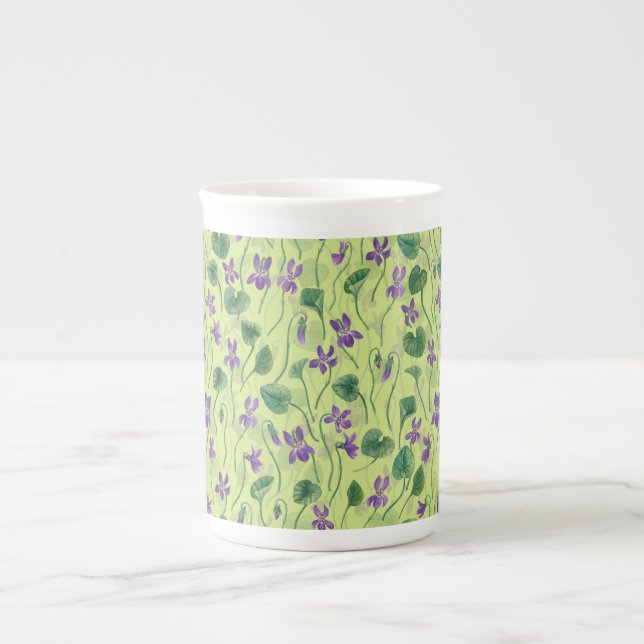 Watercolor violets on honey dew bone china mug (Front)