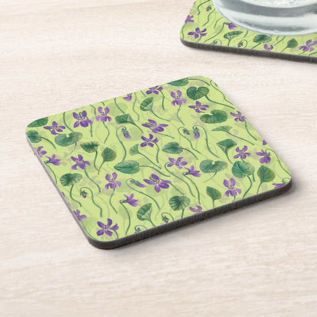 Watercolor violets on honey dew coaster (Left Side)