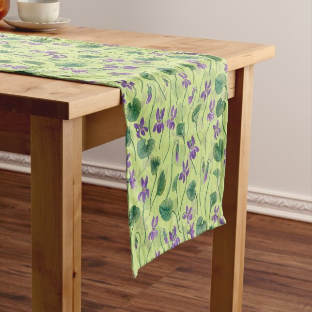 Watercolor violets on honey dew short table runner (In Situ)
