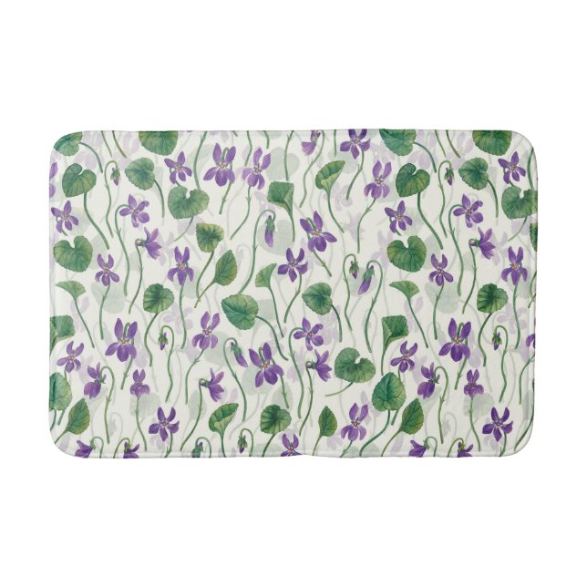 Watercolor violets on off white bath mat (Front)