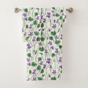 Watercolor violets on off white bath towel set