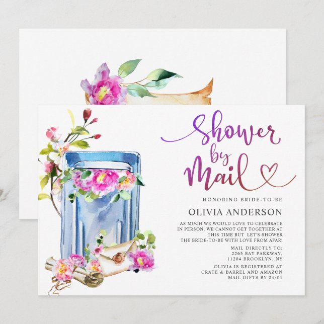 Watercolor Virtual Bridal Shower by Mail Invitation (Front/Back)