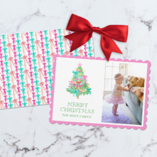 Watercolor Vivid Pink Bow Coquette Christmas Photo Holiday Card