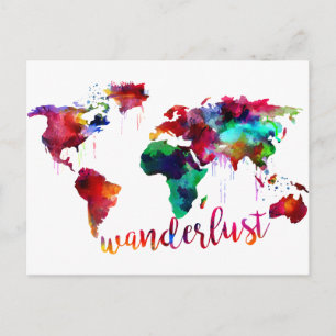 Watercolor Wanderlust World Map Postcard