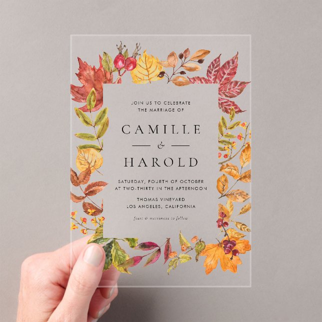 Watercolor Warm Autumn Leaves Frame Wedding Acrylic Invitations (Insitu (Handheld))