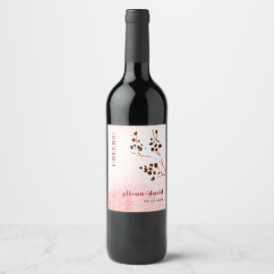 Watercolor wash and  branch Japandi CHEERS wedding Wine Label
