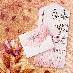 Watercolor wash and branch Japandi wedding All In One Invitation