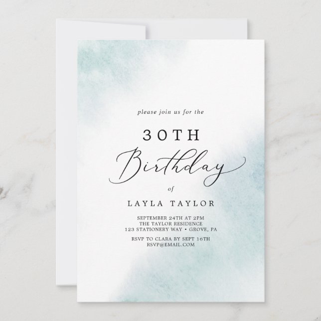 Watercolor Wash | Blue 30th Birthday Invitation (Front)